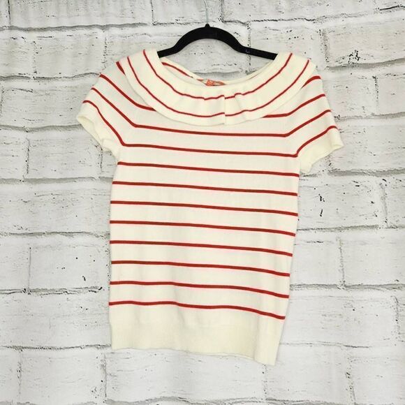 Mod Cloth Women's White Knit Striped Ruffle Short Sleeve Top Size Extra Small - Picture 1 of 10